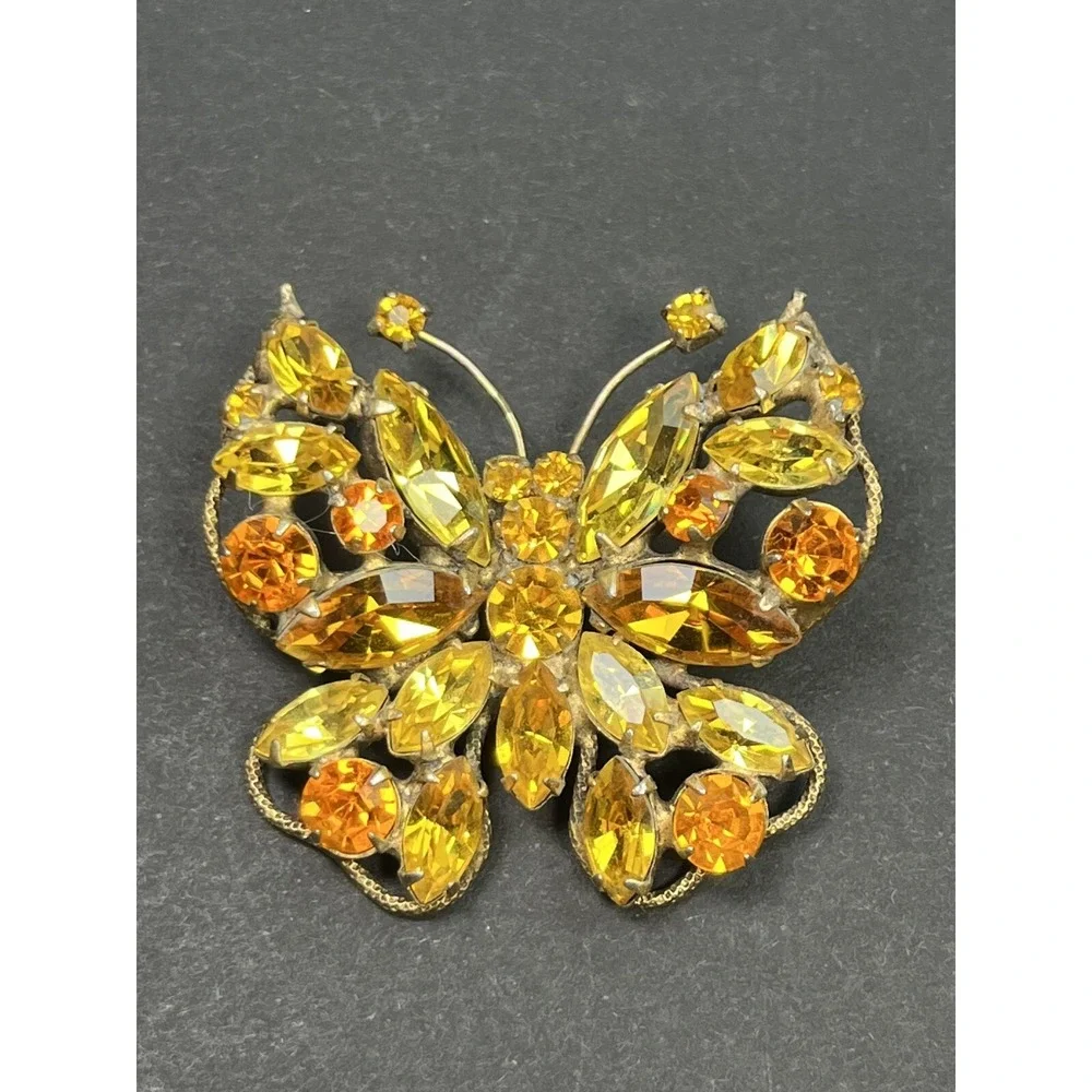 Vintage REGENCY Butterfly Brooch Orange & Yellow Rhinestones Gold Tone Signed